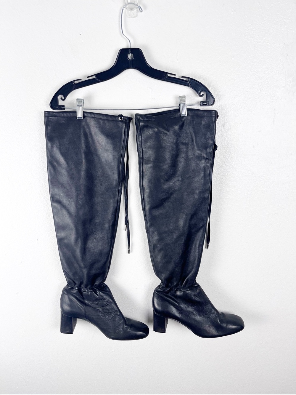 ZARA Black Faux Leather Over The Knee Tie Block Heel Boots Size 42 Minimalist